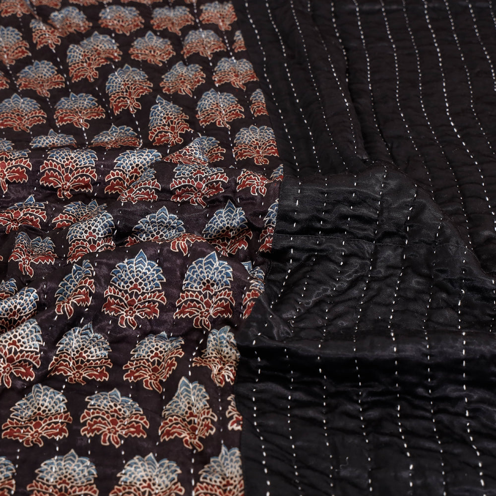 Black - Reversible Ajrakh Patch & Tagai Work Mashru Silk Double Bed Cover / Quilt (102 x 84 in)