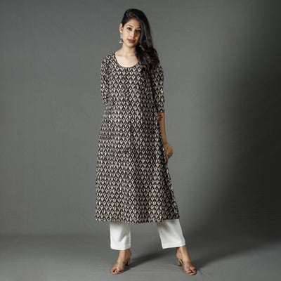 Brown - Pipad Block Printed Cotton A-Line Long Kurta