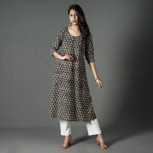 Brown - Pipad Block Printed Cotton A-Line Long Kurta