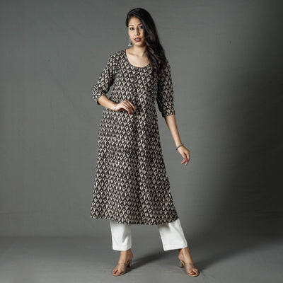 Brown - Pipad Block Printed Cotton A-Line Long Kurta