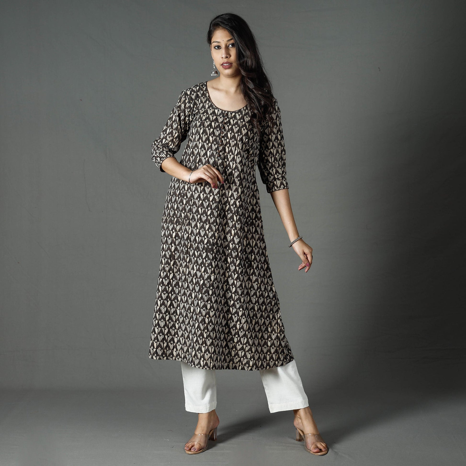 Brown - Pipad Block Printed Cotton A-Line Long Kurta