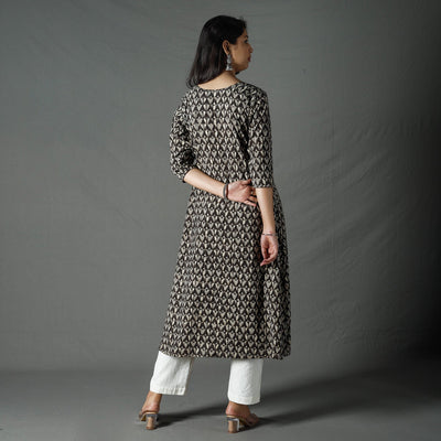 Brown - Pipad Block Printed Cotton A-Line Long Kurta