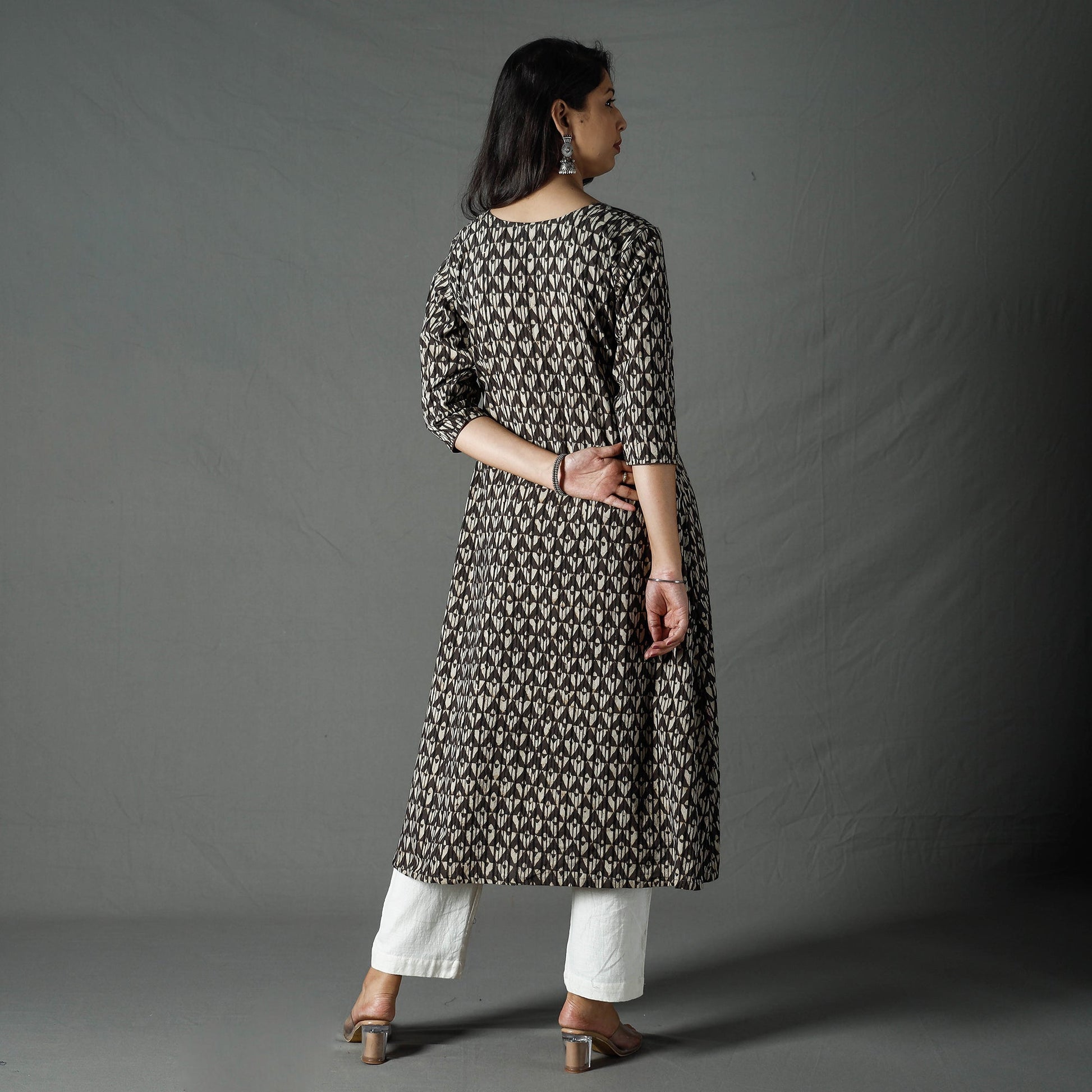 Brown - Pipad Block Printed Cotton A-Line Long Kurta