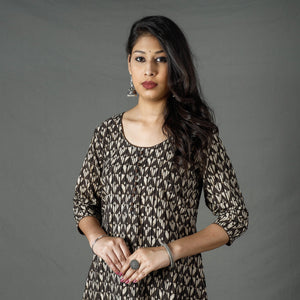 Brown - Pipad Block Printed Cotton A-Line Long Kurta