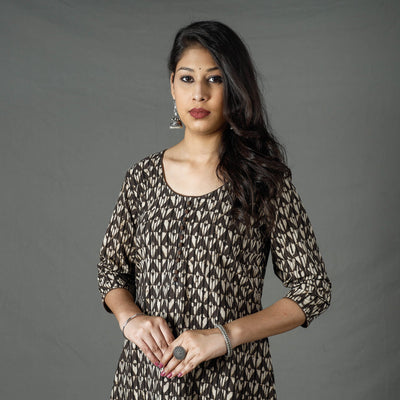 Brown - Pipad Block Printed Cotton A-Line Long Kurta