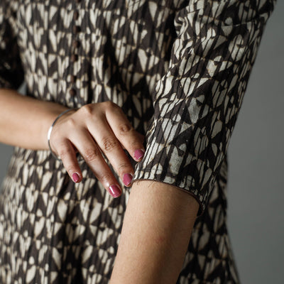 Brown - Pipad Block Printed Cotton A-Line Long Kurta