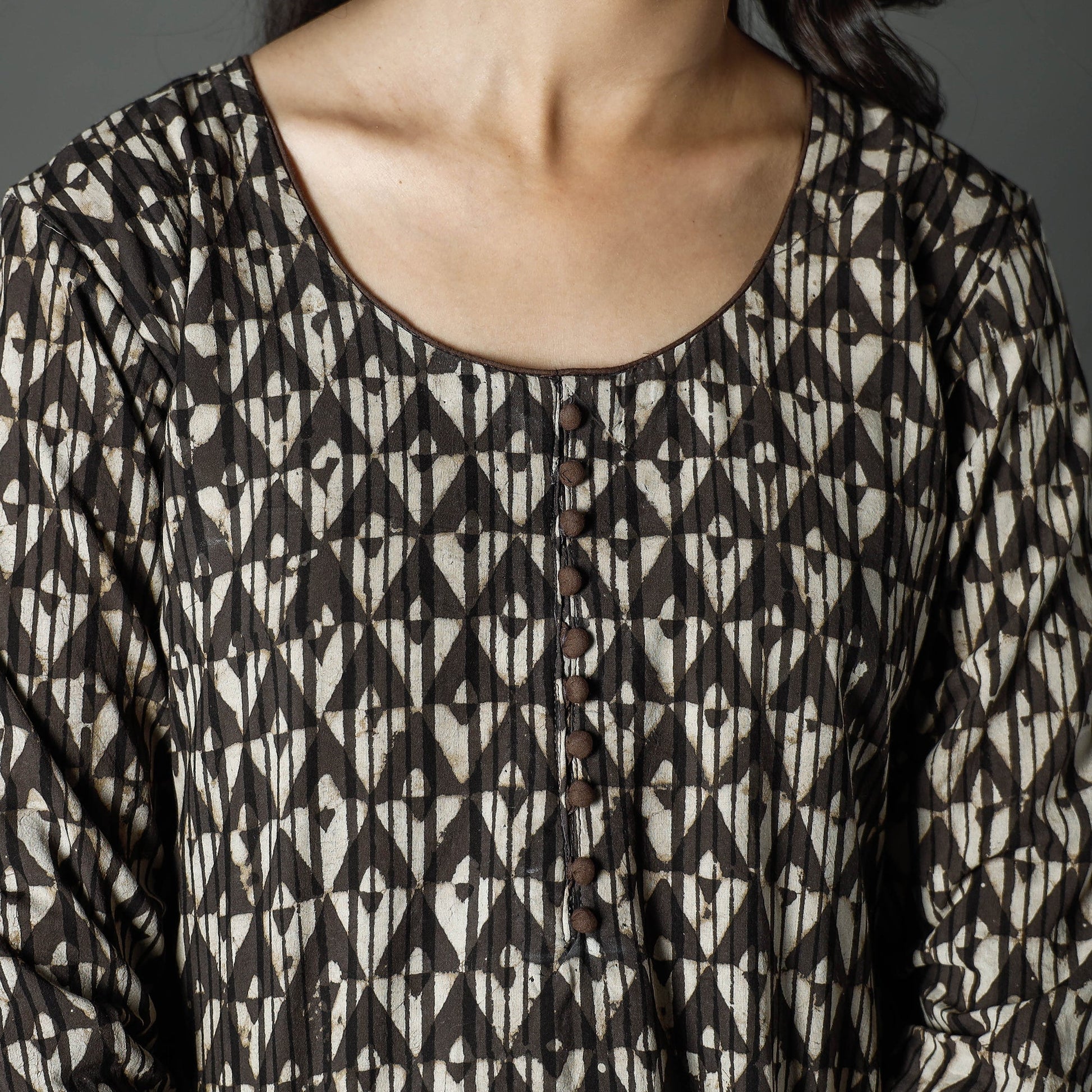 Brown - Pipad Block Printed Cotton A-Line Long Kurta