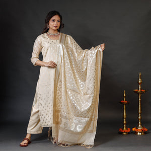 Beige - Banarasi Silk Cotton Zari Work Kurta Set