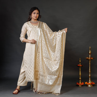 Beige - Banarasi Silk Cotton Zari Work Kurta Set