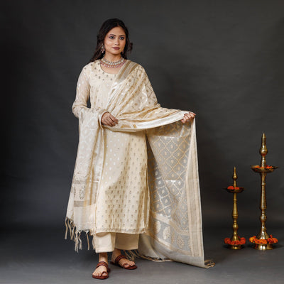 Beige - Banarasi Silk Cotton Zari Work Kurta Set