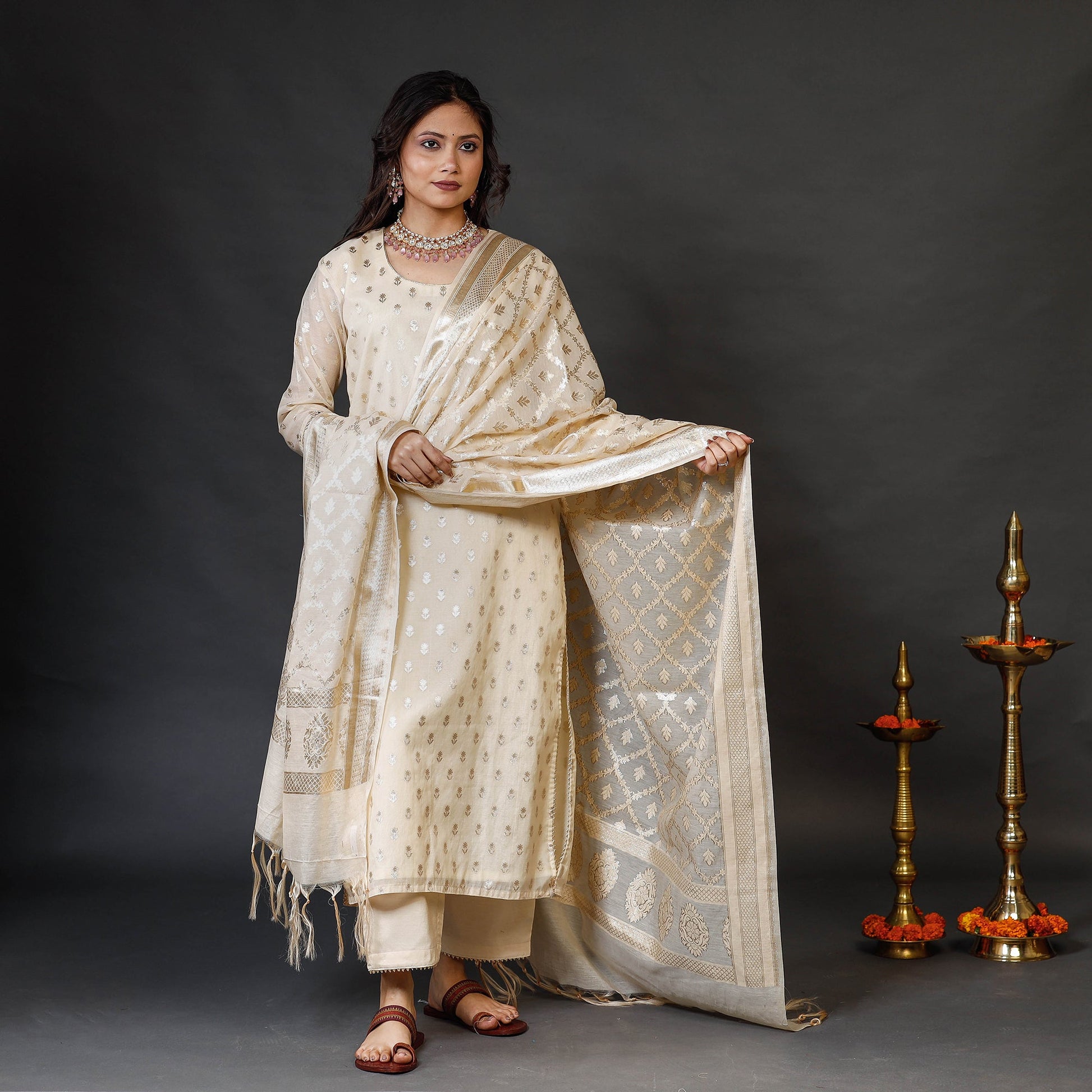 Beige - Banarasi Silk Cotton Zari Work Kurta Set