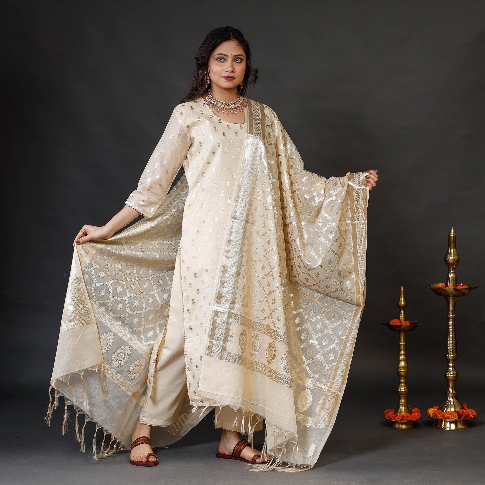 Beige - Banarasi Silk Cotton Zari Work Kurta Set