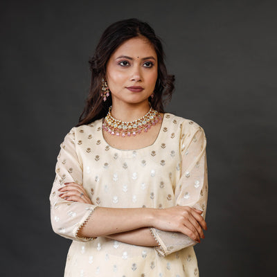 Beige - Banarasi Silk Cotton Zari Work Kurta Set