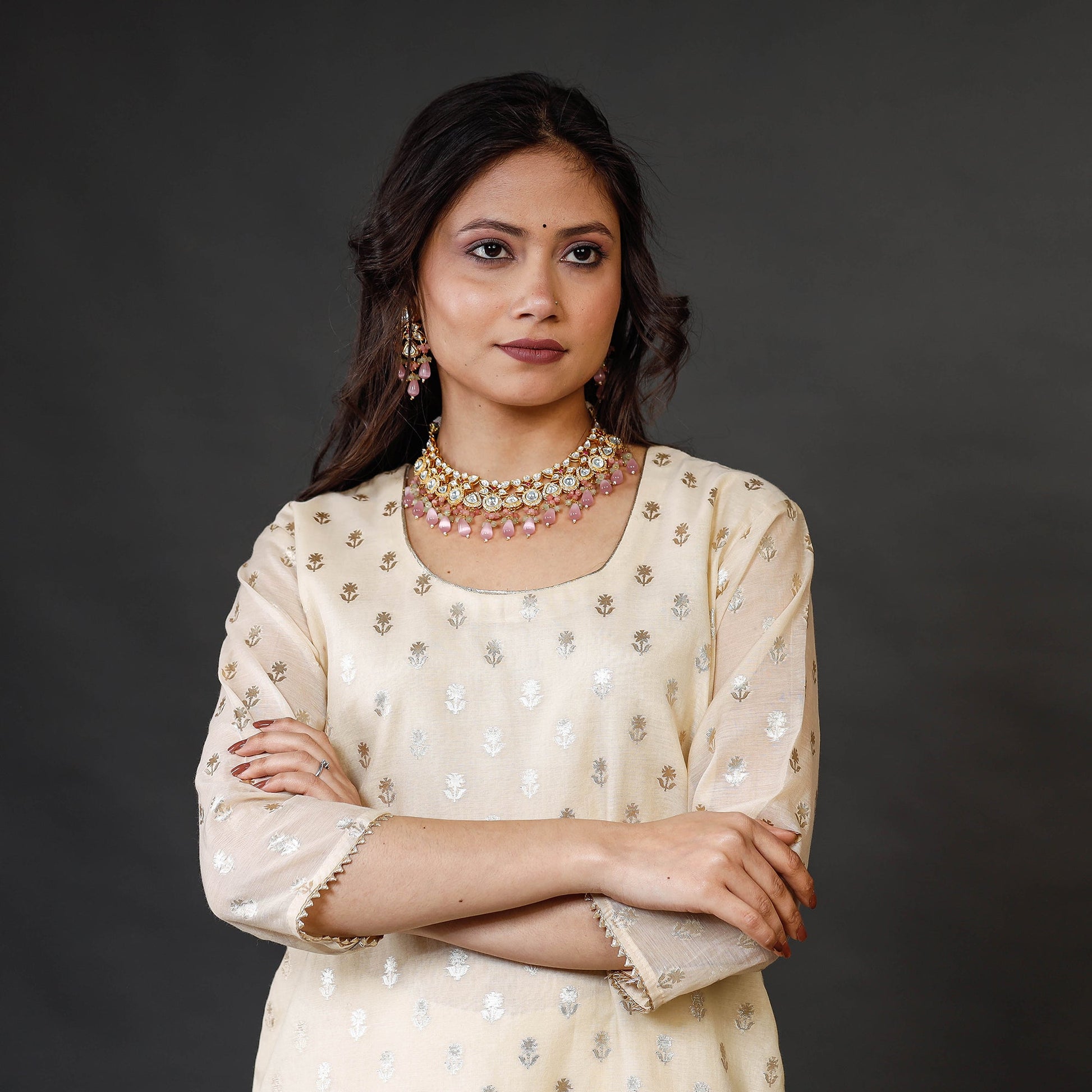 Beige - Banarasi Silk Cotton Zari Work Kurta Set