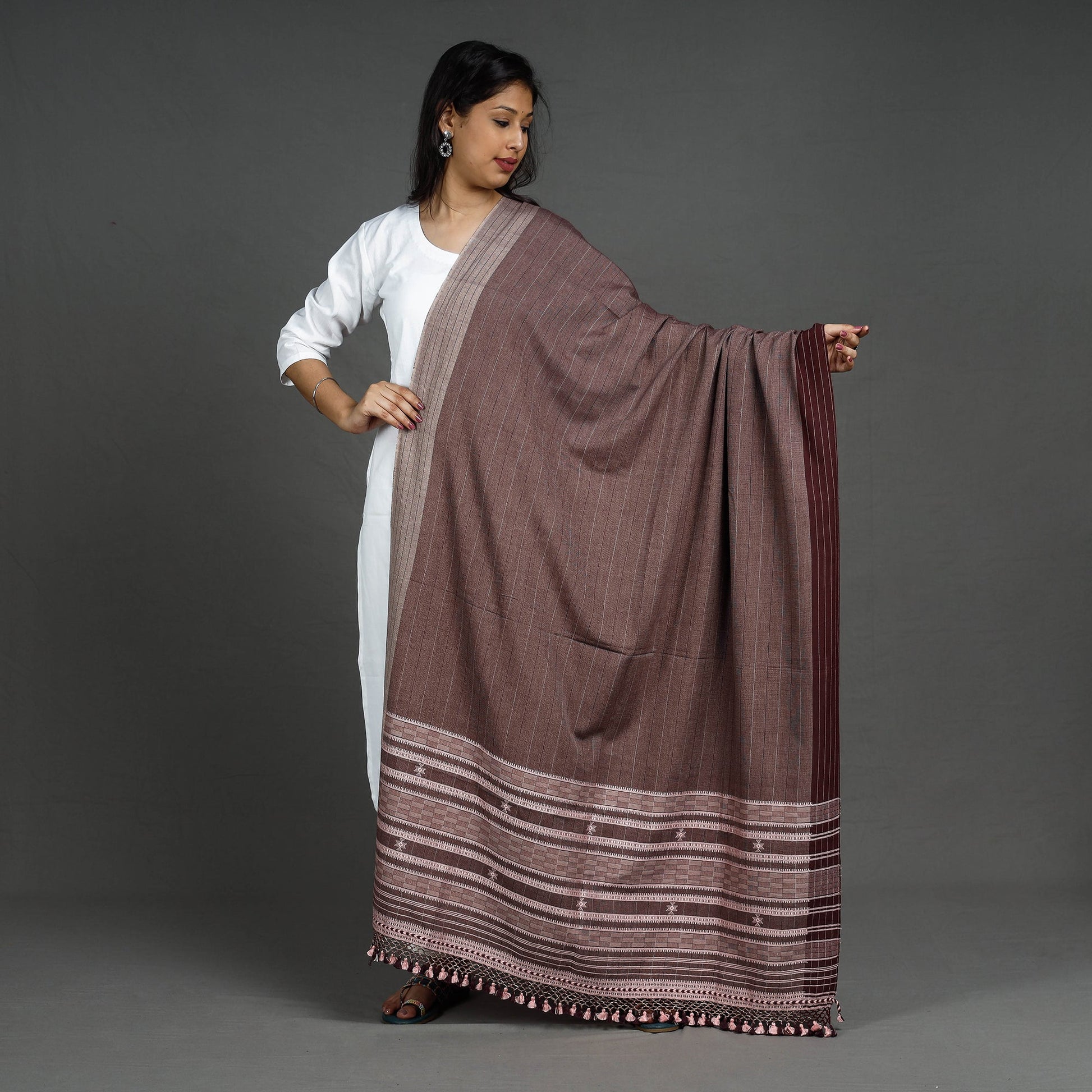 Brown - Kutch Bhujodi Handloom Fine Cotton Dupatta with Tassels