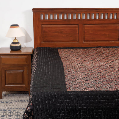 Black - Reversible Ajrakh Patch & Tagai Work Mashru Silk Double Bed Cover / Quilt (102 x 84 in)