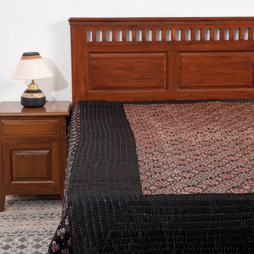 Black - Reversible Ajrakh Patch & Tagai Work Mashru Silk Double Bed Cover / Quilt (102 x 84 in)