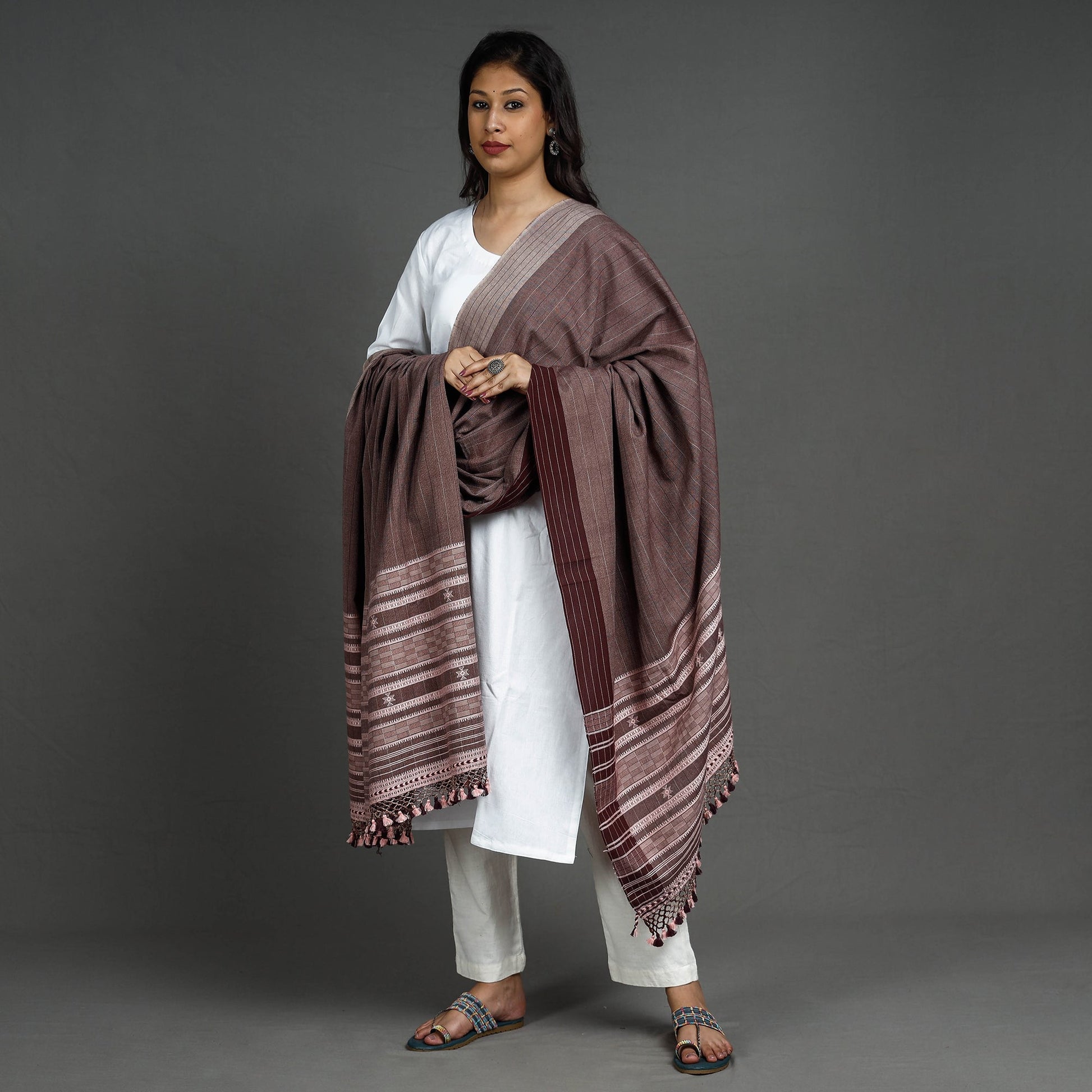 Brown - Kutch Bhujodi Handloom Fine Cotton Dupatta with Tassels