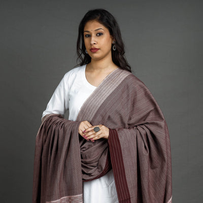 Brown - Kutch Bhujodi Handloom Fine Cotton Dupatta with Tassels