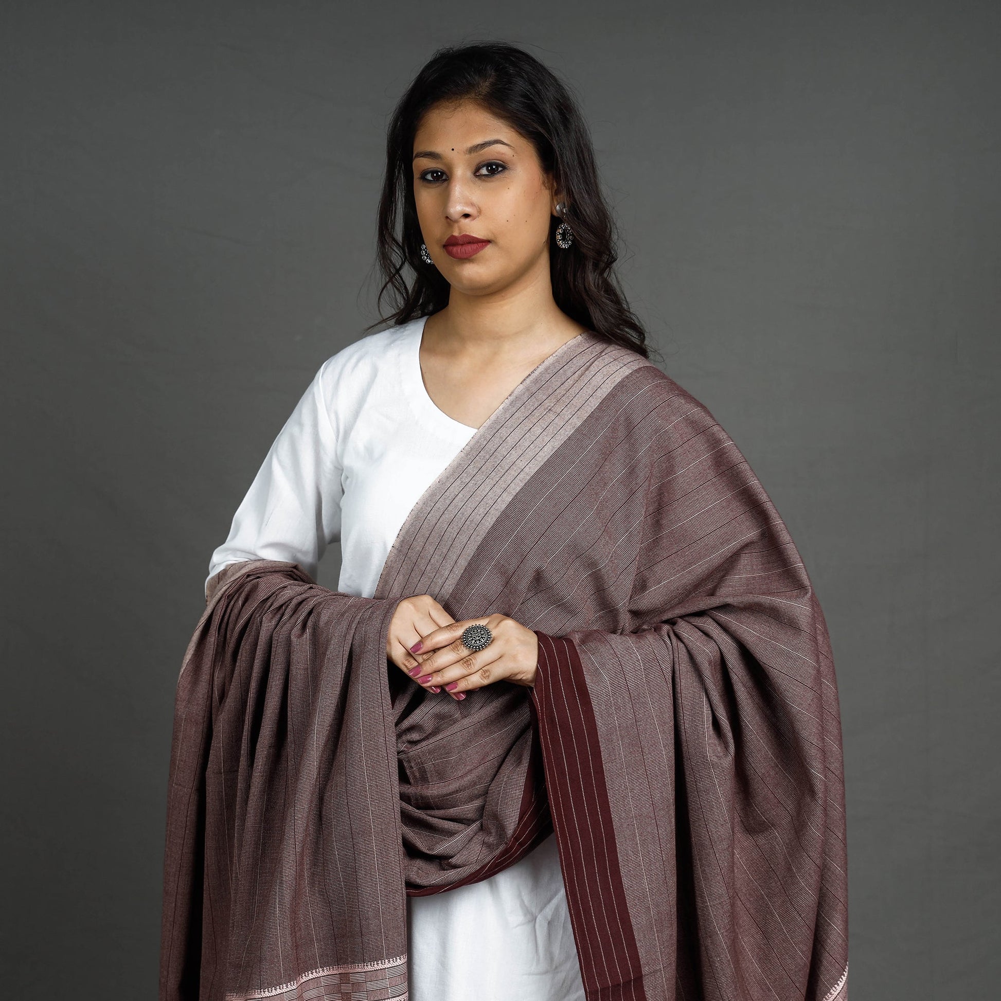 Brown - Kutch Bhujodi Handloom Fine Cotton Dupatta with Tassels