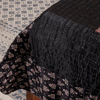 Black - Reversible Ajrakh Patch & Tagai Work Mashru Silk Double Bed Cover / Quilt (102 x 84 in)