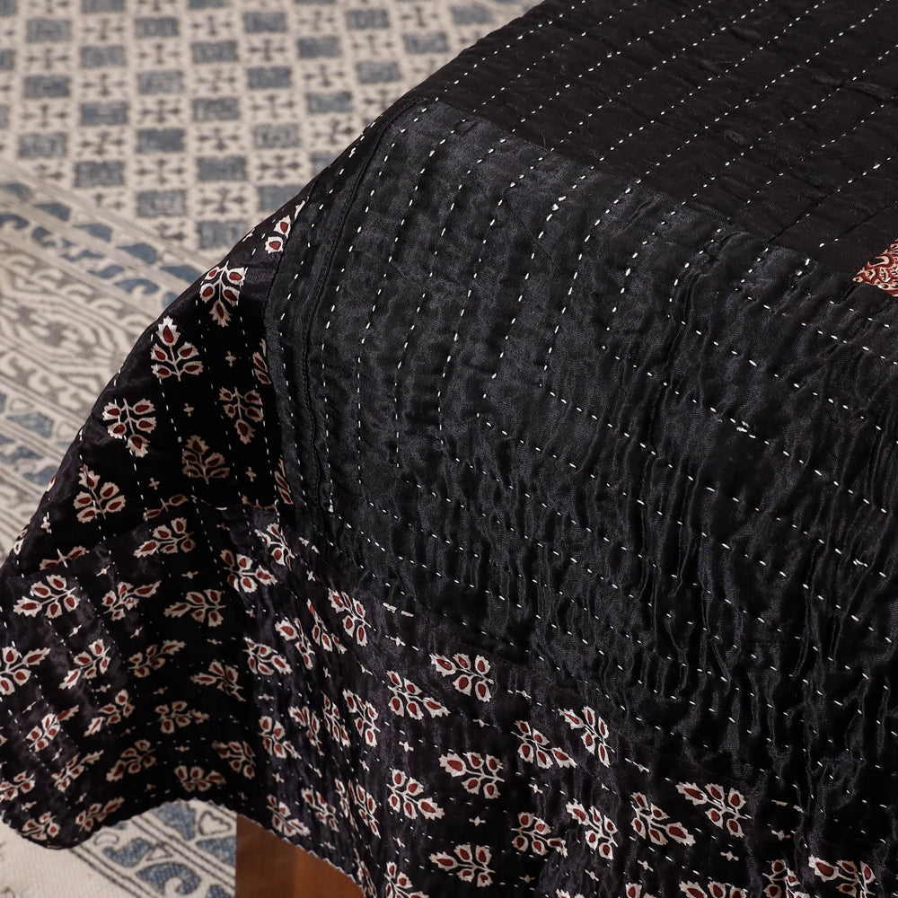 Black - Reversible Ajrakh Patch & Tagai Work Mashru Silk Double Bed Cover / Quilt (102 x 84 in)