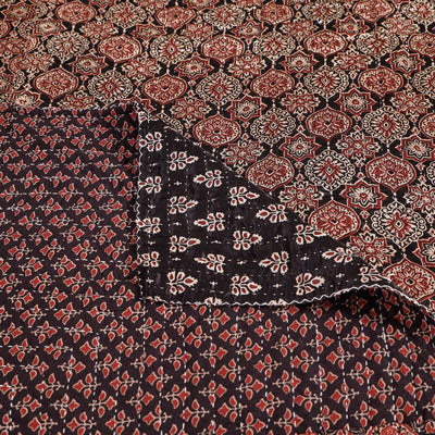 Black - Reversible Ajrakh Patch & Tagai Work Mashru Silk Double Bed Cover / Quilt (102 x 84 in)