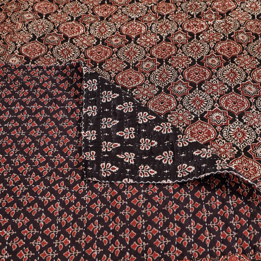 Black - Reversible Ajrakh Patch & Tagai Work Mashru Silk Double Bed Cover / Quilt (102 x 84 in)