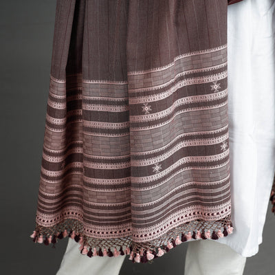 Brown - Kutch Bhujodi Handloom Fine Cotton Dupatta with Tassels