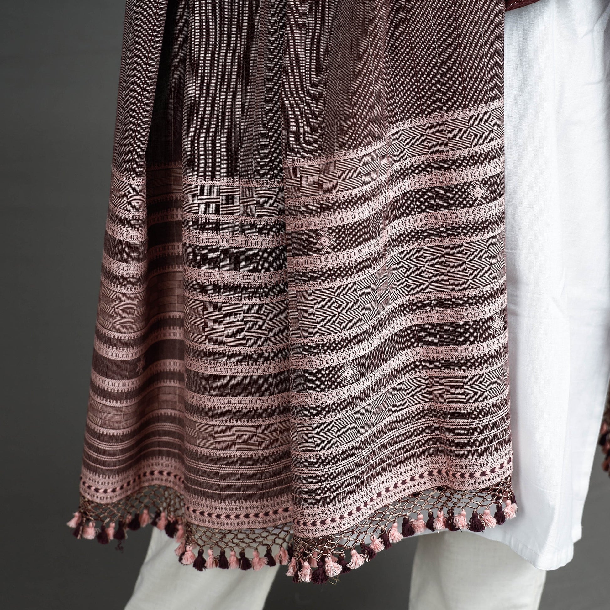 Brown - Kutch Bhujodi Handloom Fine Cotton Dupatta with Tassels