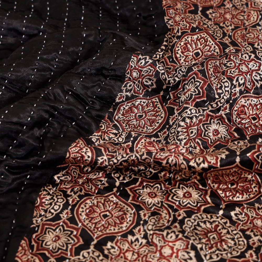 Black - Reversible Ajrakh Patch & Tagai Work Mashru Silk Double Bed Cover / Quilt (102 x 84 in)