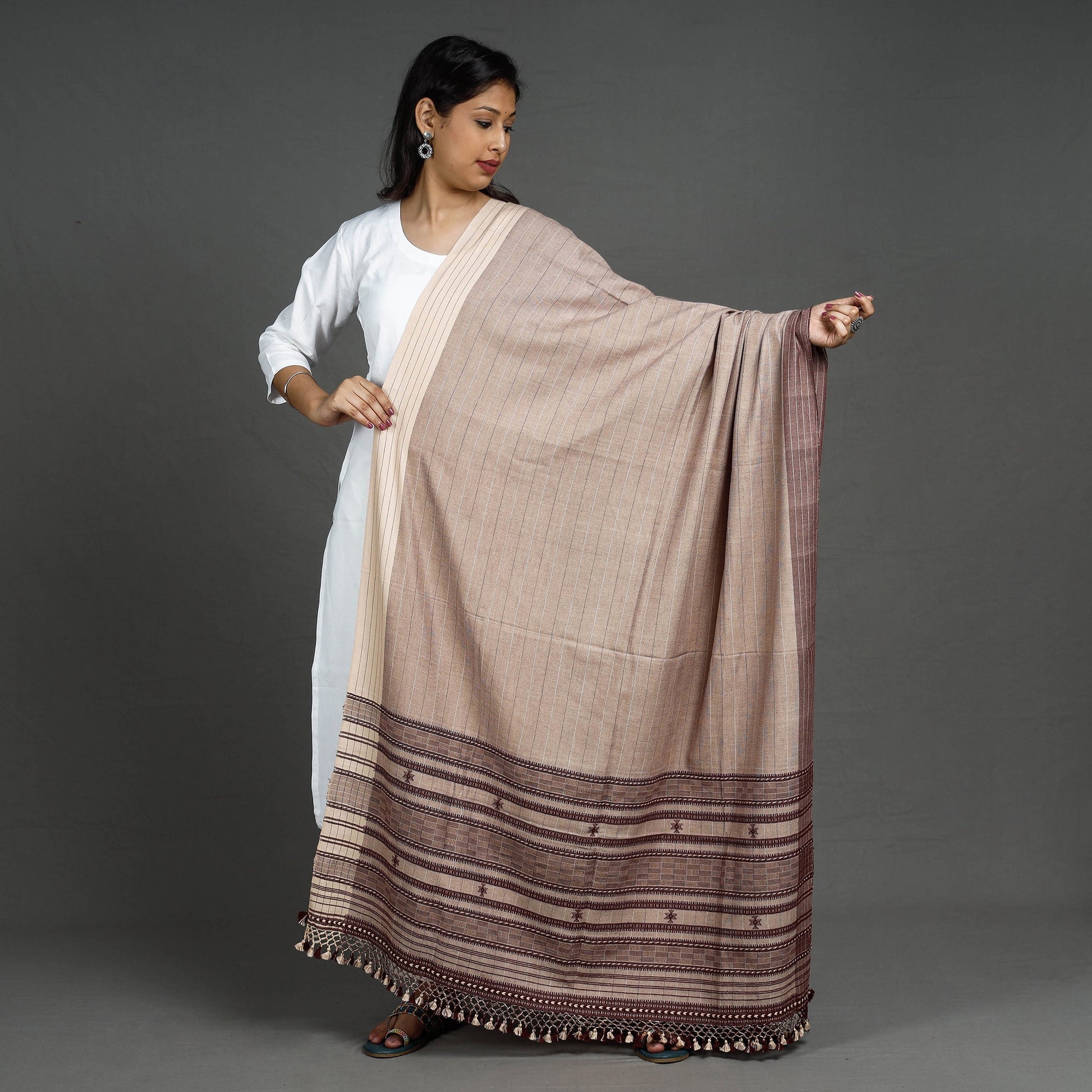 Brown - Kutch Bhujodi Handloom Fine Cotton Dupatta with Tassels