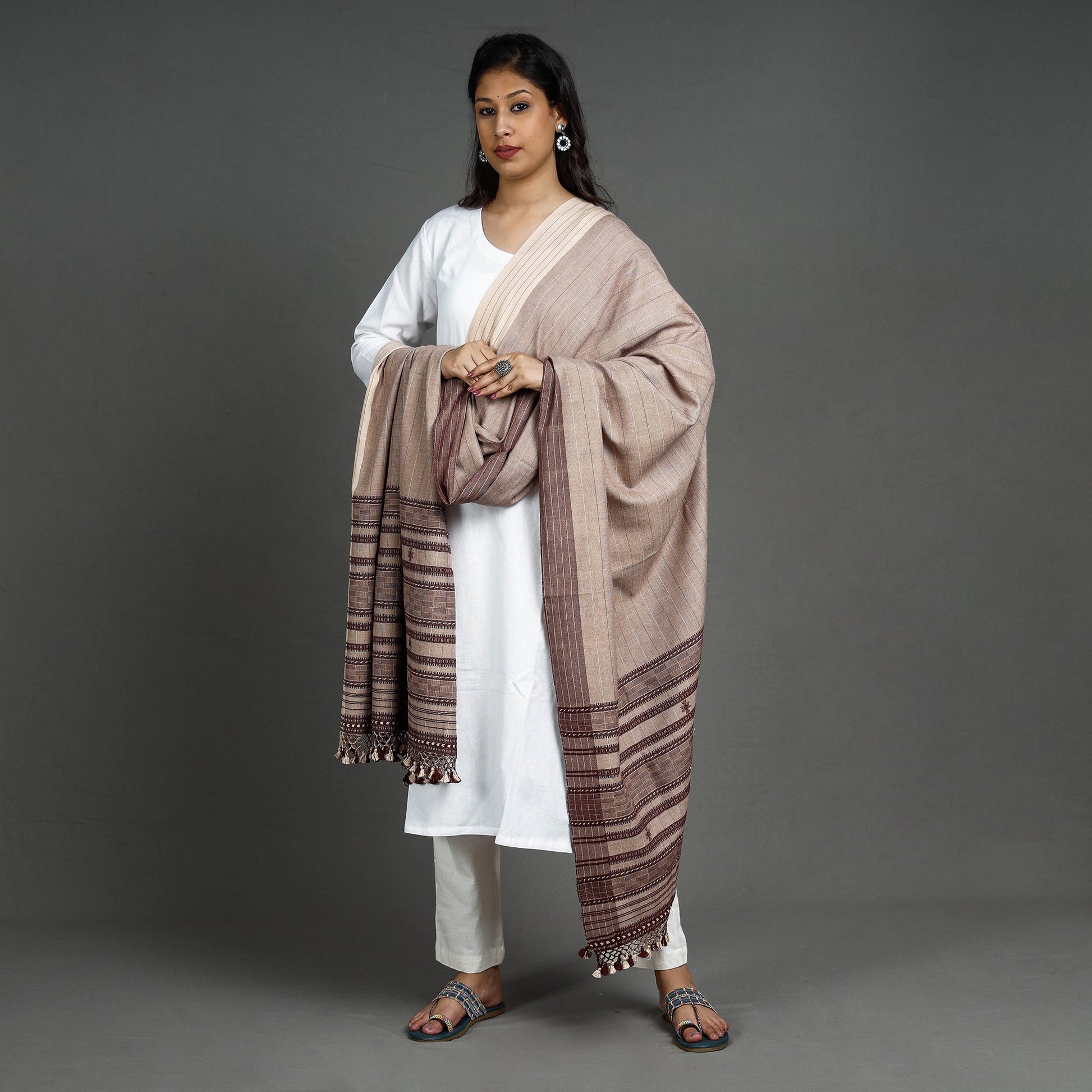 Brown - Kutch Bhujodi Handloom Fine Cotton Dupatta with Tassels