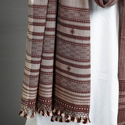 Brown - Kutch Bhujodi Handloom Fine Cotton Dupatta with Tassels