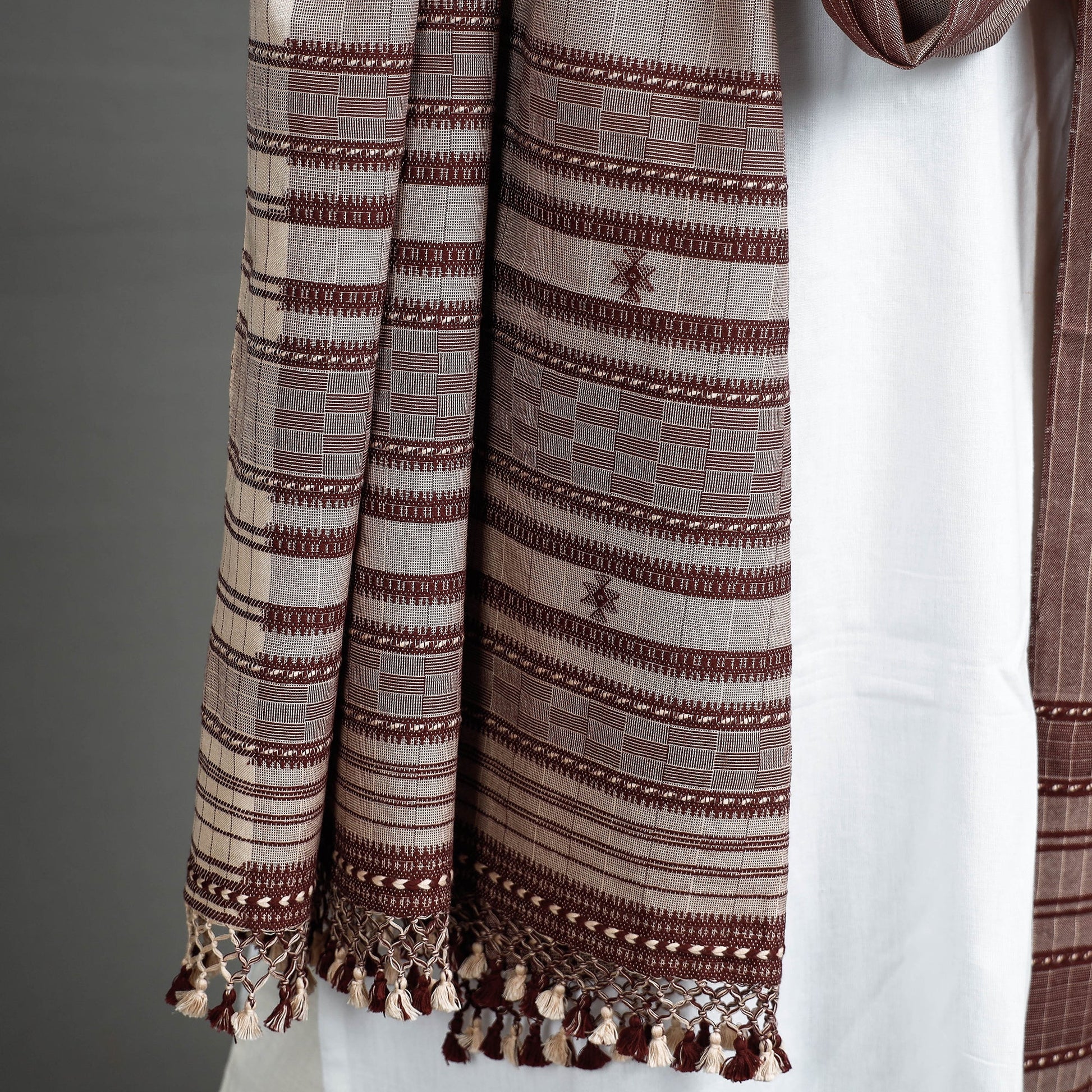 Brown - Kutch Bhujodi Handloom Fine Cotton Dupatta with Tassels