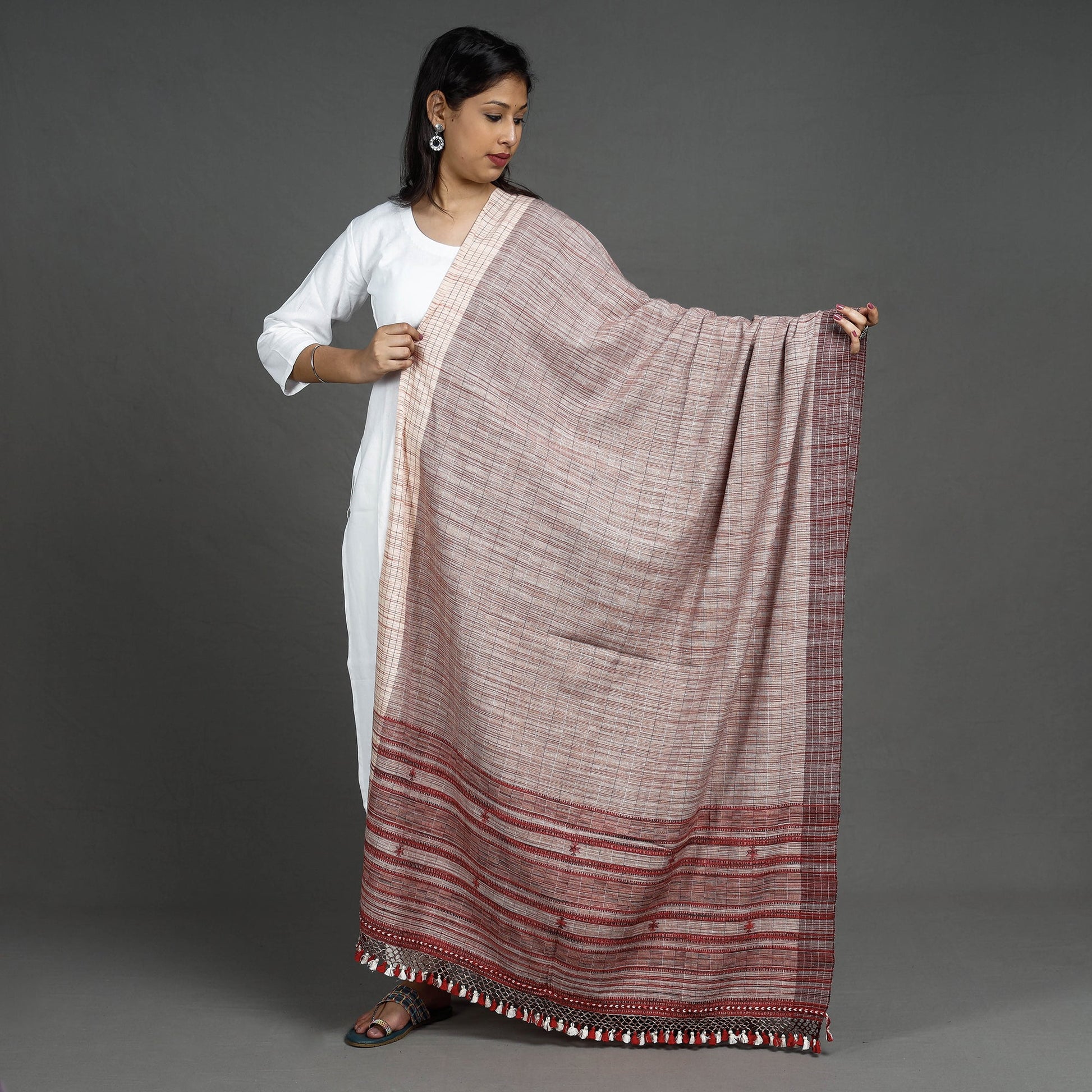 Brown - Kutch Bhujodi Handloom Fine Cotton Dupatta with Tassels