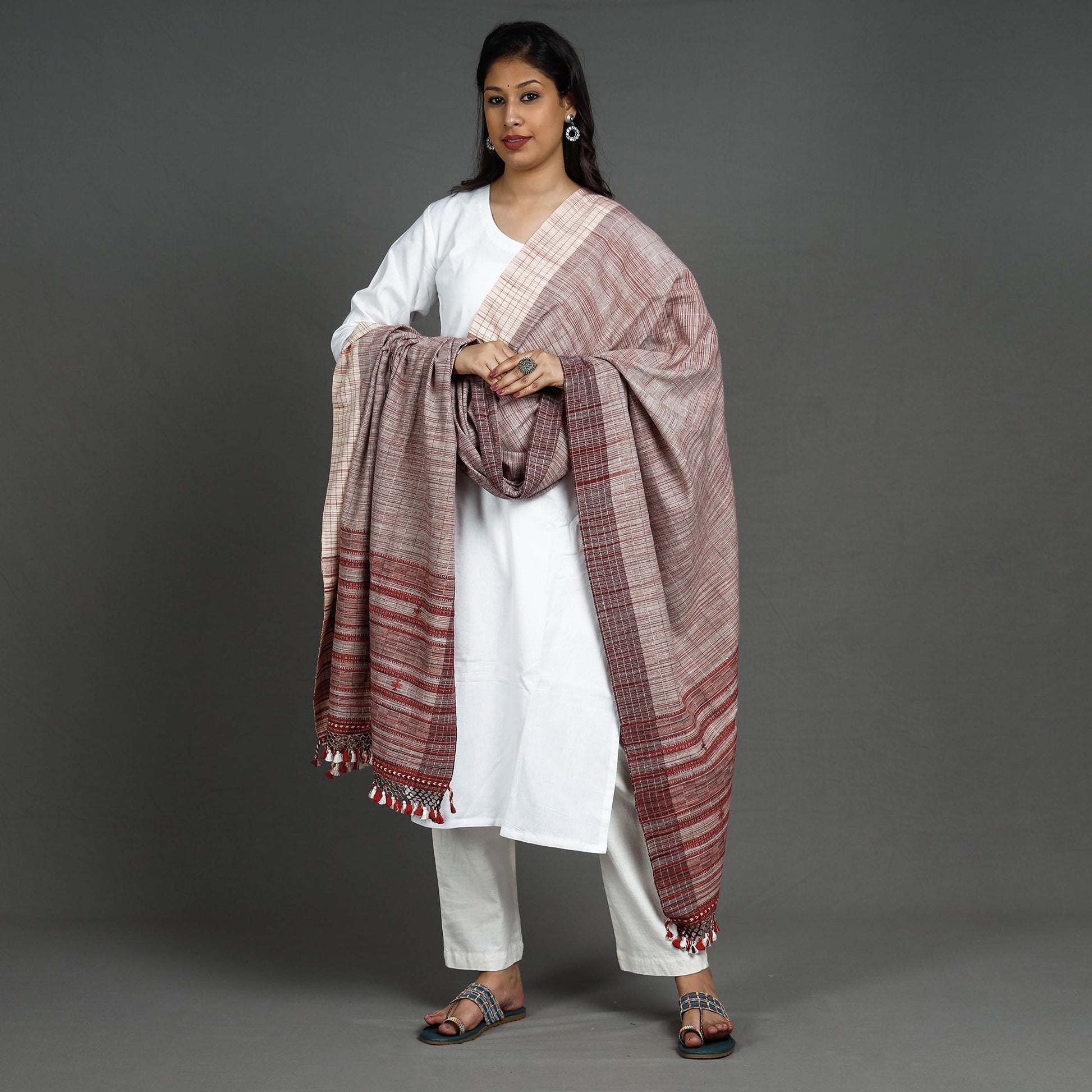 Brown - Kutch Bhujodi Handloom Fine Cotton Dupatta with Tassels