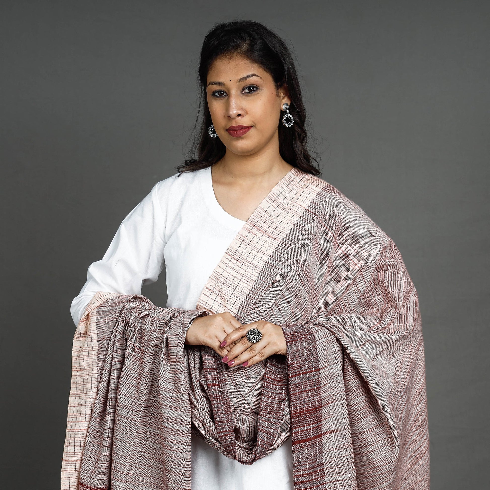 Brown - Kutch Bhujodi Handloom Fine Cotton Dupatta with Tassels