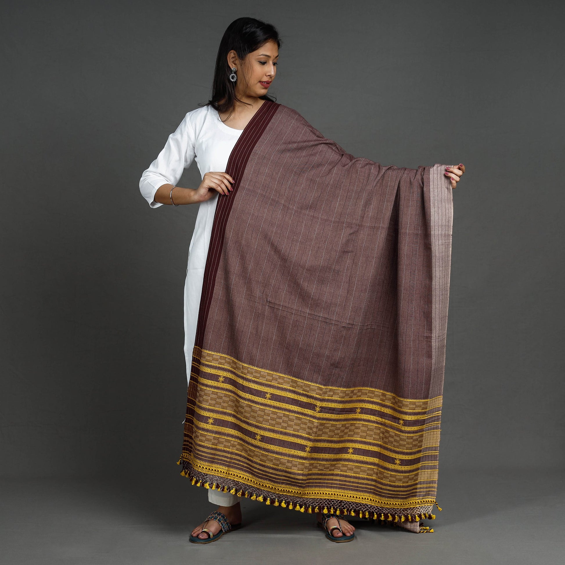 Brown - Kutch Bhujodi Handloom Fine Cotton Dupatta with Tassels