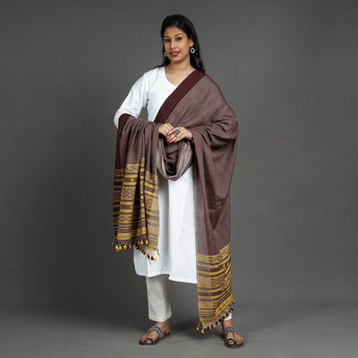 Brown - Kutch Bhujodi Handloom Fine Cotton Dupatta with Tassels