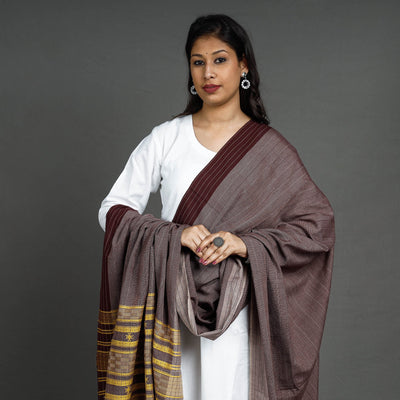 Brown - Kutch Bhujodi Handloom Fine Cotton Dupatta with Tassels