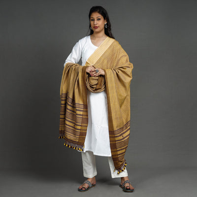 Brown - Kutch Bhujodi Handloom Fine Cotton Dupatta with Tassels