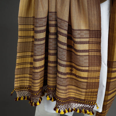 Brown - Kutch Bhujodi Handloom Fine Cotton Dupatta with Tassels