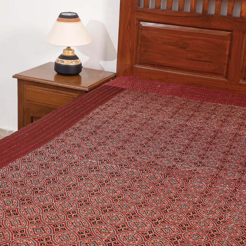 Brown - Reversible Ajrakh Patch & Tagai Work Mashru Silk Single Bed Cover / Quilt (90 x 59 in)