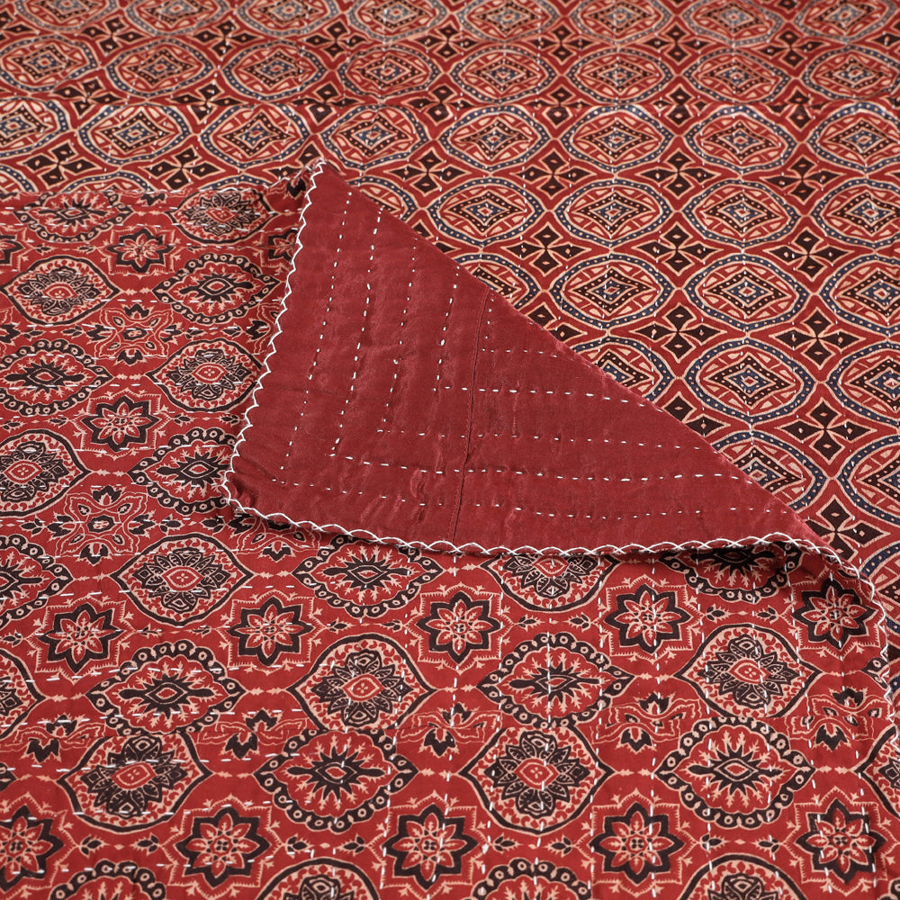 Brown - Reversible Ajrakh Patch & Tagai Work Mashru Silk Single Bed Cover / Quilt (90 x 59 in)