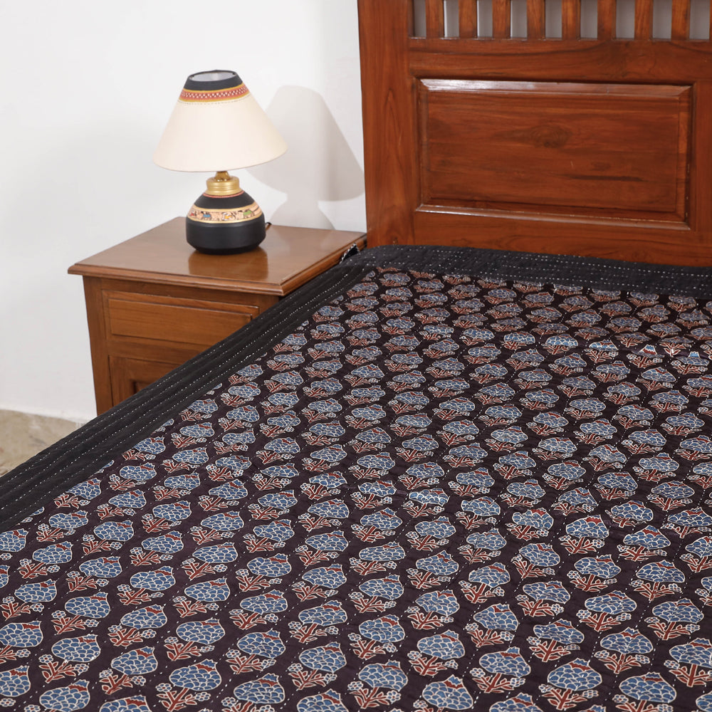 Black - Reversible Ajrakh Patch & Tagai Work Mashru Silk Single Bed Cover / Quilt (90 x 59 in)