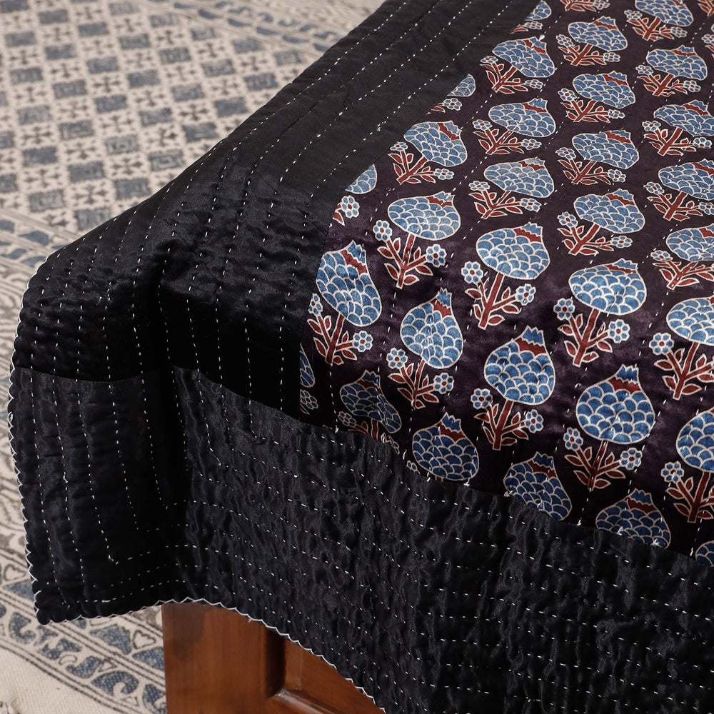 Black - Reversible Ajrakh Patch & Tagai Work Mashru Silk Single Bed Cover / Quilt (90 x 59 in)