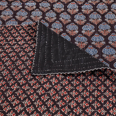 Black - Reversible Ajrakh Patch & Tagai Work Mashru Silk Single Bed Cover / Quilt (90 x 59 in)