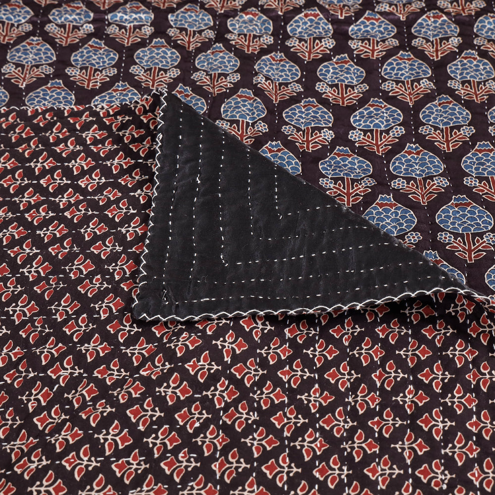 Black - Reversible Ajrakh Patch & Tagai Work Mashru Silk Single Bed Cover / Quilt (90 x 59 in)