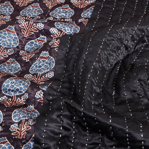 Black - Reversible Ajrakh Patch & Tagai Work Mashru Silk Single Bed Cover / Quilt (90 x 59 in)
